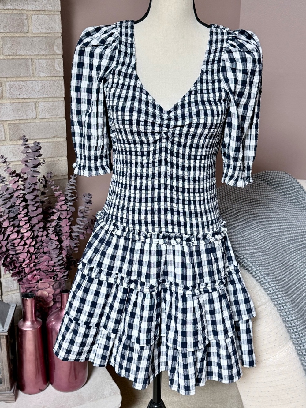 CAROLINE CONSTAS Puff Sleeve Gingham Mini Dress - Navy Blue & White